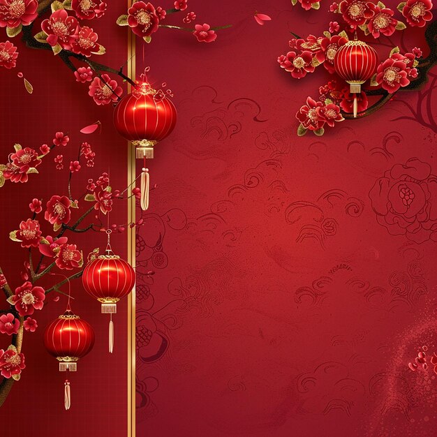 ein roter Hintergrund mit chinesischen Laternen und Blumen