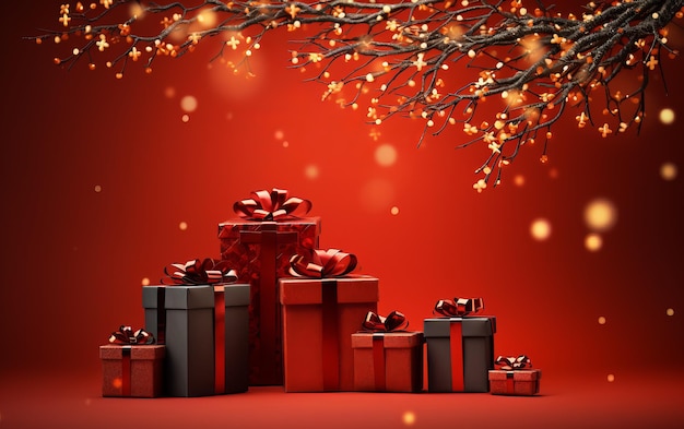 ein roter Hintergrund mit einem Haufen Geschenkboxen und roter Schleife.