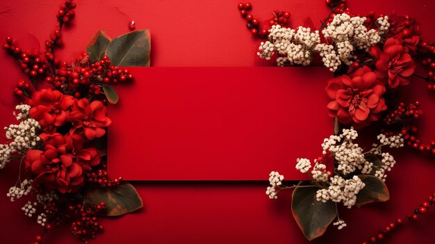 Ein roter Hintergrund mit Weihnachtsblumen und Kiefern, die eine leere Karte umgeben. Generative KI