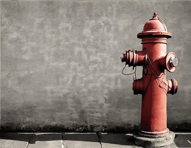 Foto ein roter hydrant steht vor einer grauen wand.