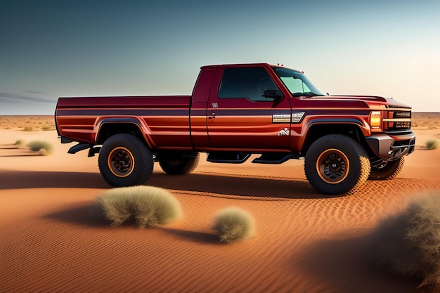 Ein roter Jeep-Pickup in der Wüste.