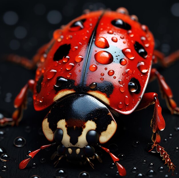 ein roter Käfer mit Wassertropfen im Gesicht.