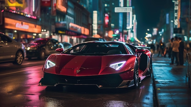 Ein roter Lamborghini fährt im Regen eine Straße entlang