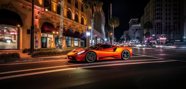 Ein roter Lamborghini fährt nachts eine Straße entlang.
