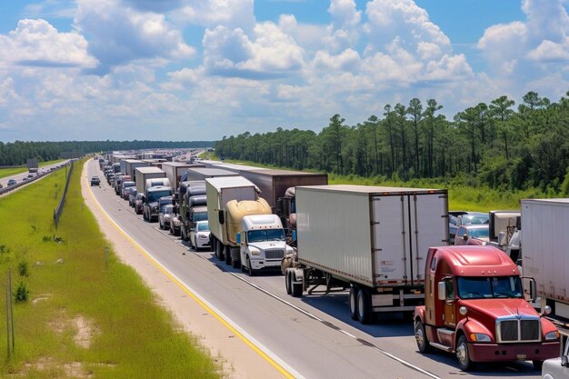 Foto ein roter lastwagen fährt mit anderen lastwagen die autobahn hinunter