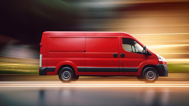 Foto ein roter lieferwagen fährt auf einer straße.