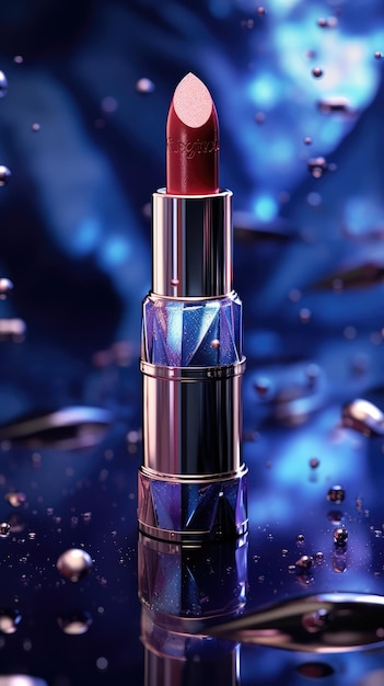 Ein roter Lippenstift mit blauem Hintergrund