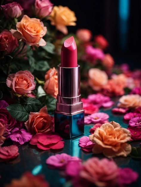 ein roter Lippenstift, umgeben von Blumen