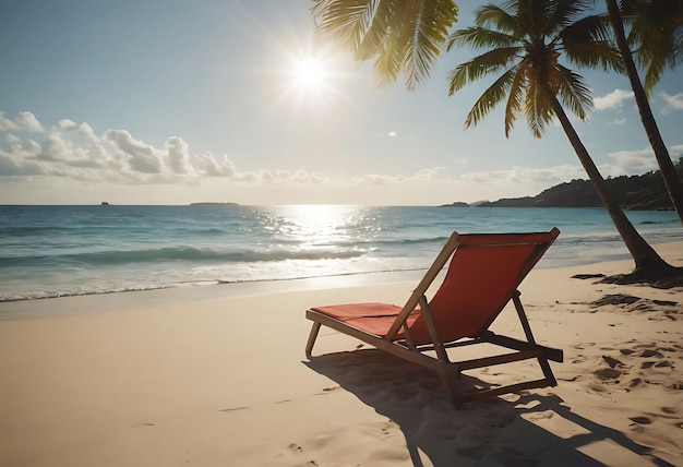 ein roter Loungestuhl sitzt auf dem Strand unter einer Palme