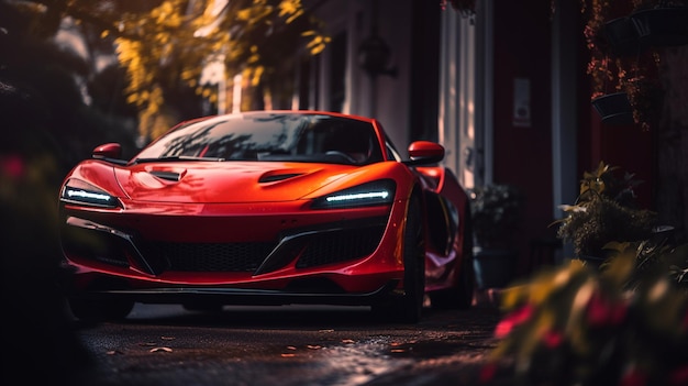 Ein roter mclaren 720s Sportwagen, der im Regen auf einer Straße geparkt ist