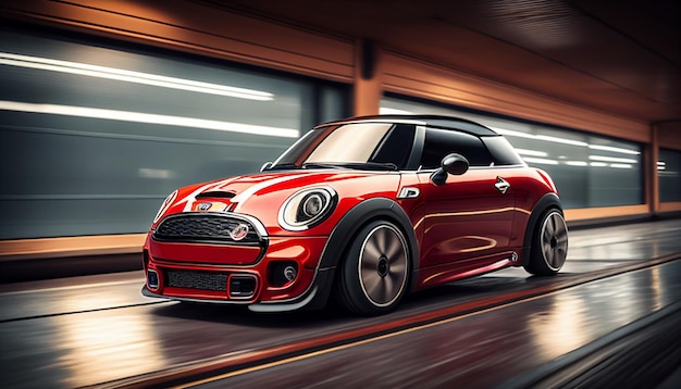 Ein roter Mini Cooper mit roter Stoßstange fährt durch einen Tunnel