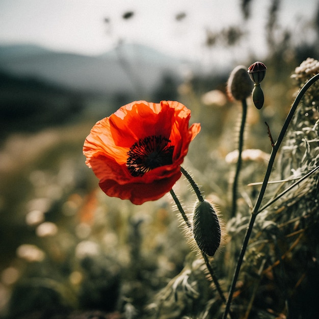 Ein roter Mohn blüht vor einem Berg