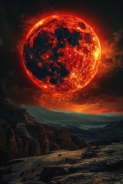 Ein roter Mond mit einer Sonnenfinsternis an einem dunklen Himmel mit hoher Qualität und hoher Auflösung