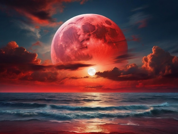 ein roter Mond steigt über dem Ozean mit einem roten Mond am Himmel auf