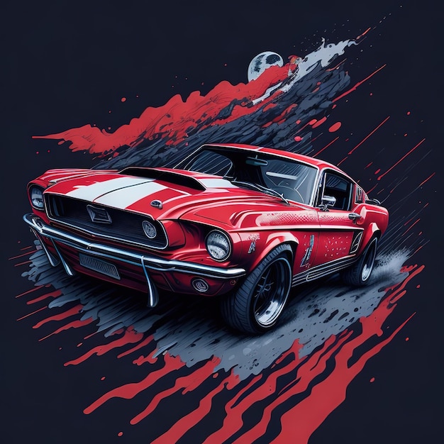 Ein roter Mustang mit einem weißen Streifen auf der Motorhaube.