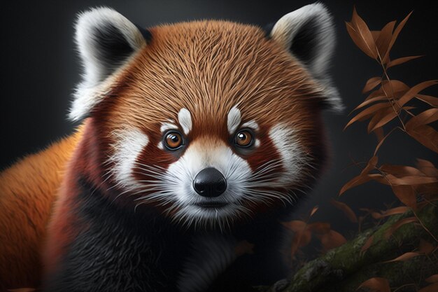 Ein roter Panda mit braunen Augen und schwarzem Hintergrund.