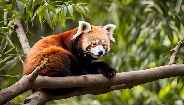 ein roter Panda sitzt auf einem Baumzweig im Wald