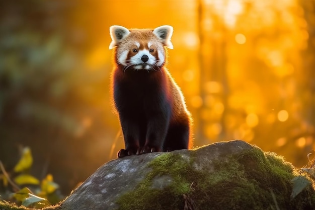 Ein roter Panda sitzt auf einem Felsen im Wald.