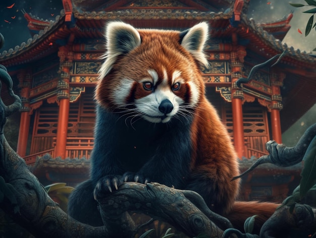 Ein roter Panda vor einem chinesischen Tempel