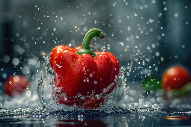 Ein roter Pfeffer liegt in einer Schüssel mit Wasser und das Wasser spritzt um ihn herum