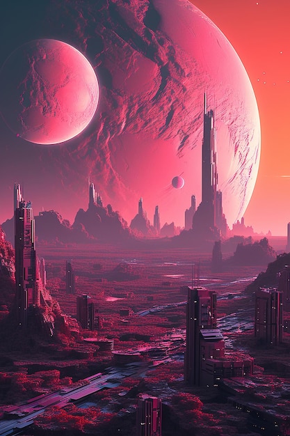 Ein roter Planet mit einem Planeten im Hintergrund