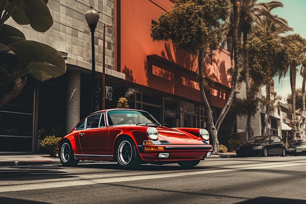 Ein roter Porsche auf der Straße, im Hintergrund ein Bürogebäude