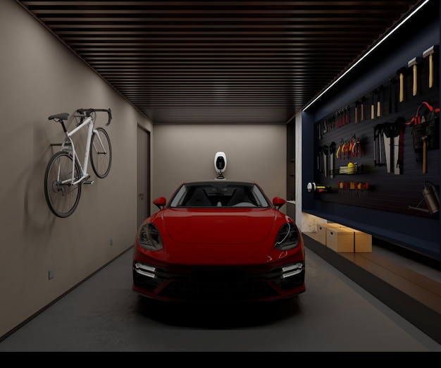Ein roter Porsche steht in einer Garage, an der Wand hängt ein Fahrrad.