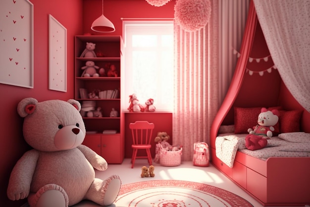 Ein roter Raum mit einem Teddybären auf dem Boden und einem Regal mit einem Bücherregal darauf.