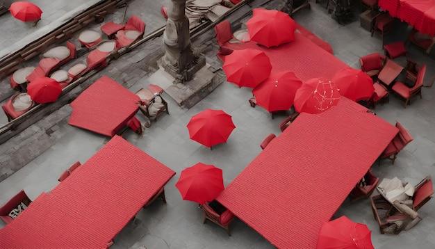 ein roter Regenschirm und rote Regenschirme sind draußen mit roten Regenschirmen aufgestellt