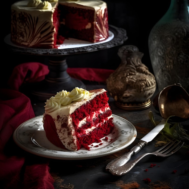 Ein roter Samtkuchen mit weißem Zuckerguss und einem Stück Kuchen auf einem Teller.