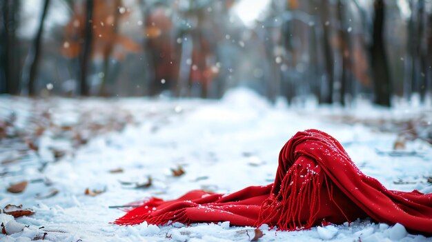 Foto ein roter schal liegt auf dem schnee in einem winterwald