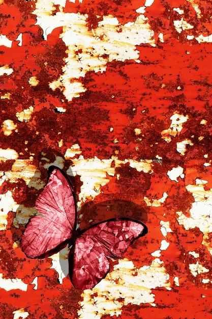 Ein roter Schmetterling sitzt auf einer strukturierten Metallwand. Foto in hoher Qualität