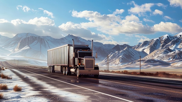 Ein roter Semi-LKW mit einem Fracht-Semitrailer fährt eine Autobahn hinunter