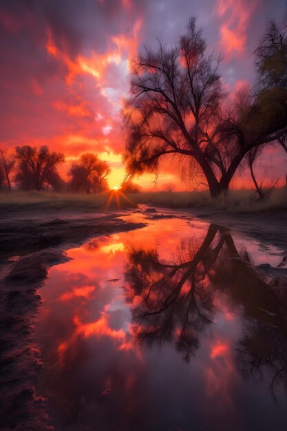 Ein roter Sonnenuntergang spiegelt sich in einer Pfütze.