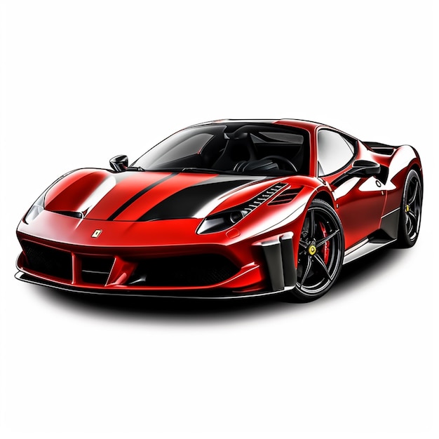 Ein roter Sportwagen mit schwarzer Stoßstange und Nummernschild mit der Aufschrift „Ferrari“.