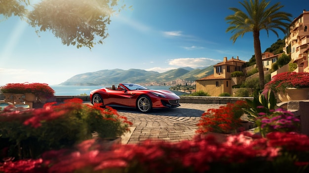 Ein roter Sportwagen parkt auf einer Straße mit einer Palme im Hintergrund.