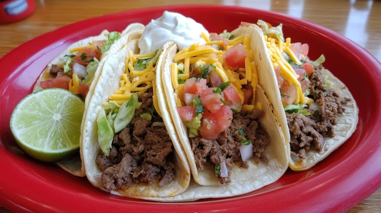 Foto ein roter teller mit tacos und einem salat darauf
