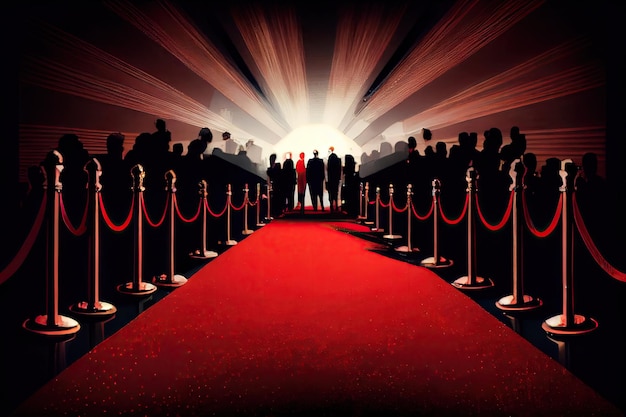 Ein roter Teppich führt zu einer atemberaubenden Galaveranstaltung mit Prominenten und Paparazzi im Hintergrund