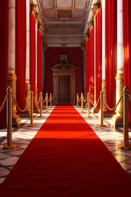 Ein roter Teppich mit goldenen Stangen und goldenen Vorhängen