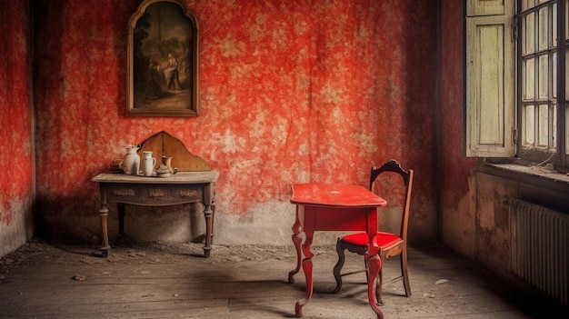 Ein roter Tisch in einem verlassenen Raum mit einem Gemälde an der Wand