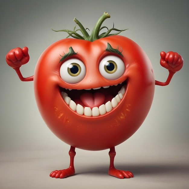 Foto ein roter tomaten-terror mit großen augen und einem zähnigen lächeln, der einen albernen ausdruck macht und damit gestikuliert