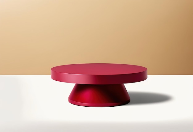 Ein roter Tortenständer mit rotem Sockel und einer weißen Tasse auf dem Tisch.