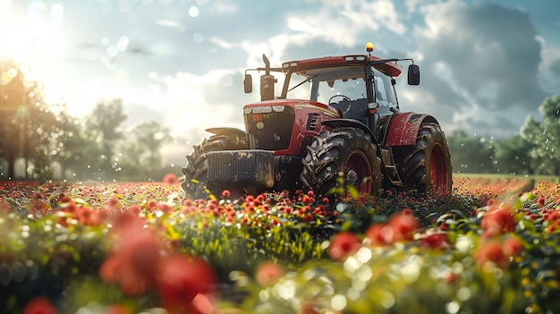 ein roter Traktor ist in einem Feld von Blumen