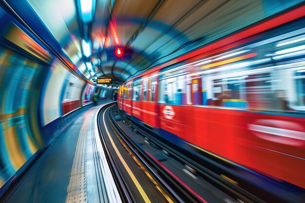 Foto ein roter u-bahn-zug in bewegung wurde aus der perspektive von jemandem gefilmt, der auf einer seite stand, als er vorbei ging.