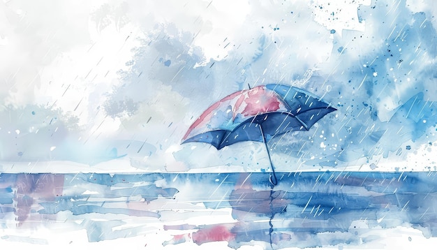 Foto ein roter und blauer regenschirm sitzt vor einem bewölkten himmel auf dem wasser
