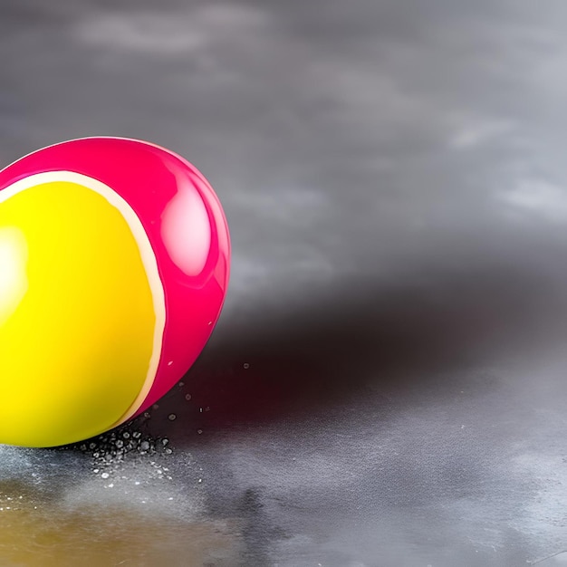 Ein roter und gelber Strandball liegt mit Salz darauf auf dem Boden.