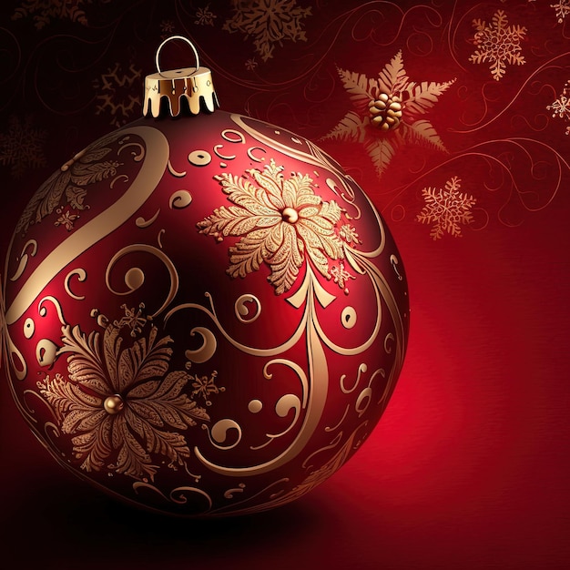 Ein roter und goldener Weihnachtsball mit einem Blumenmuster darauf.