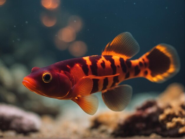 Foto ein roter und schwarzer fisch mit einem gelben streifen und einem roten streifen schwimmt im wasser.