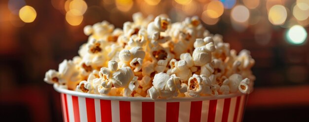 Ein roter und weißer gestreifter Papierbecher, gefüllt mit Popcorn