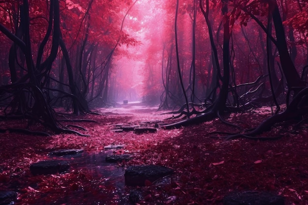 Ein roter Wald mit einem dunklen Wald und einem roten Baum im Hintergrund.